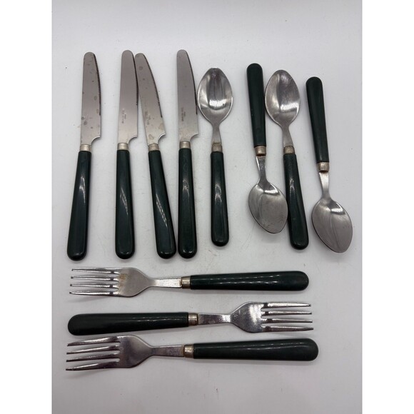 Mid Century  Handled 4 Knives 3 Forks 3 Spoons Mixed Flatware Lot - Picture 1 of 4